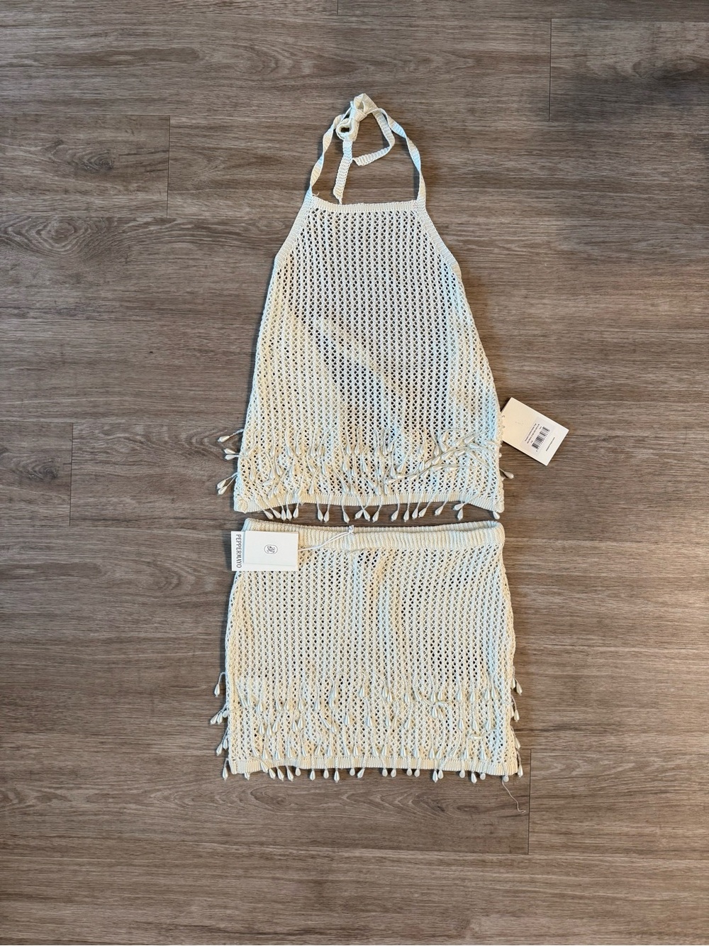 NWT Peppermayo Scorpio Crochet Halter Top (S/M) and Mini Skirt (M/L) in Ivory